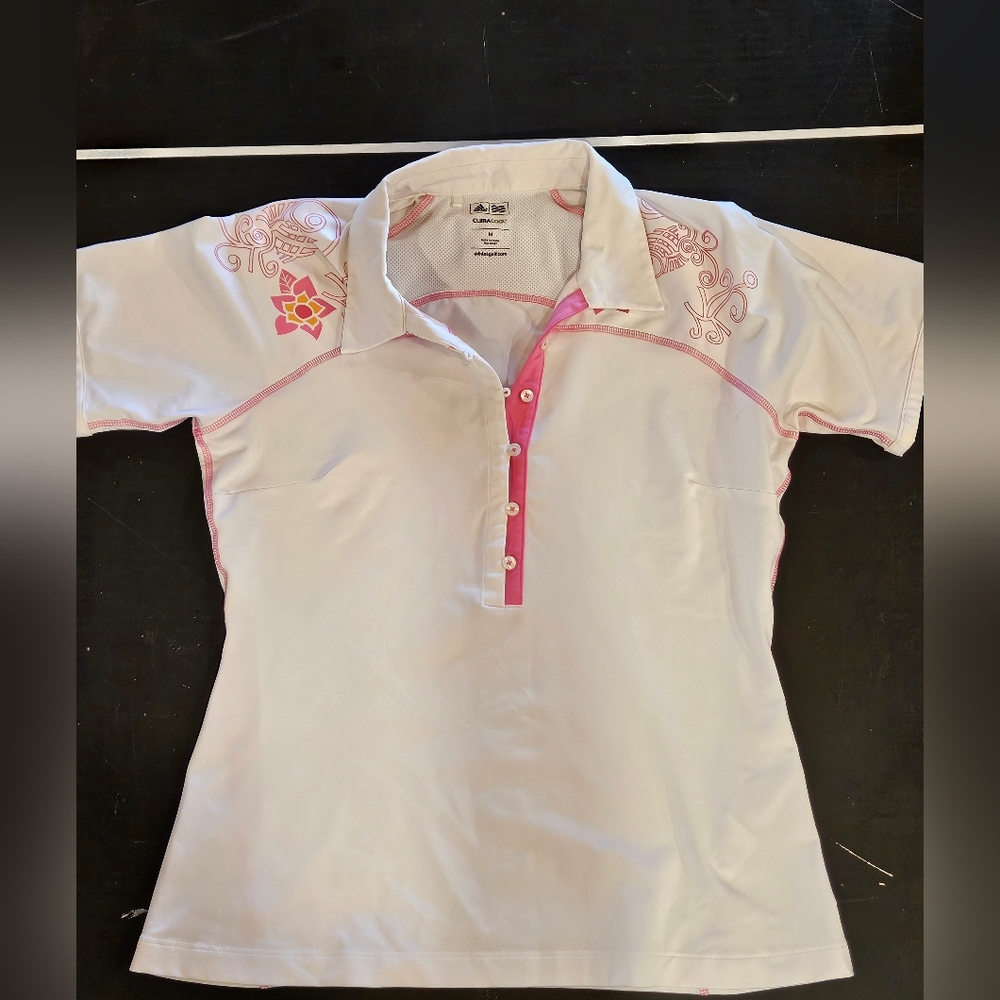 Adidas White and Pink ClimaCool Ladies Golf Shirt, Medium